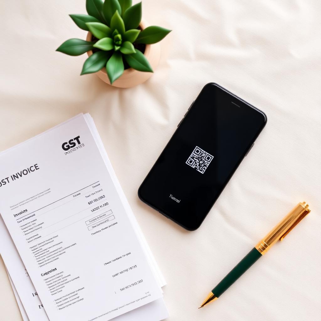 Tax invoice with a smartphone displaying an e-invoice QR code